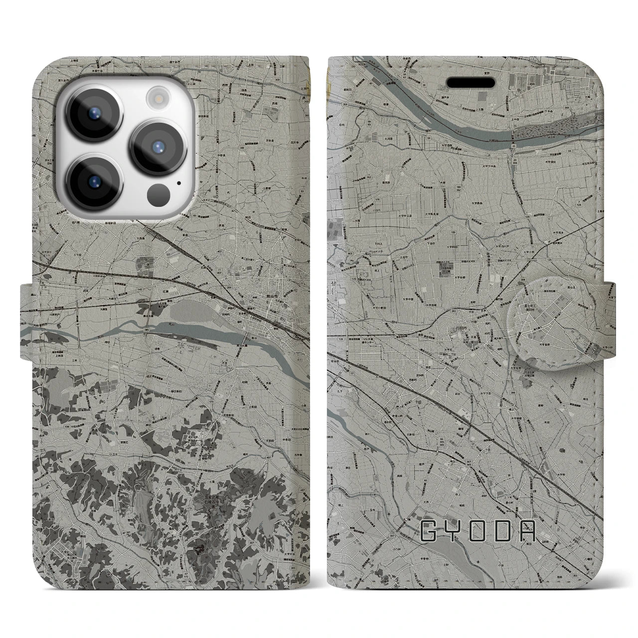 【行田(埼玉県)】地図柄iPhoneケース(手帳タイプ)モノトーン・iPhone 14 Pro 用