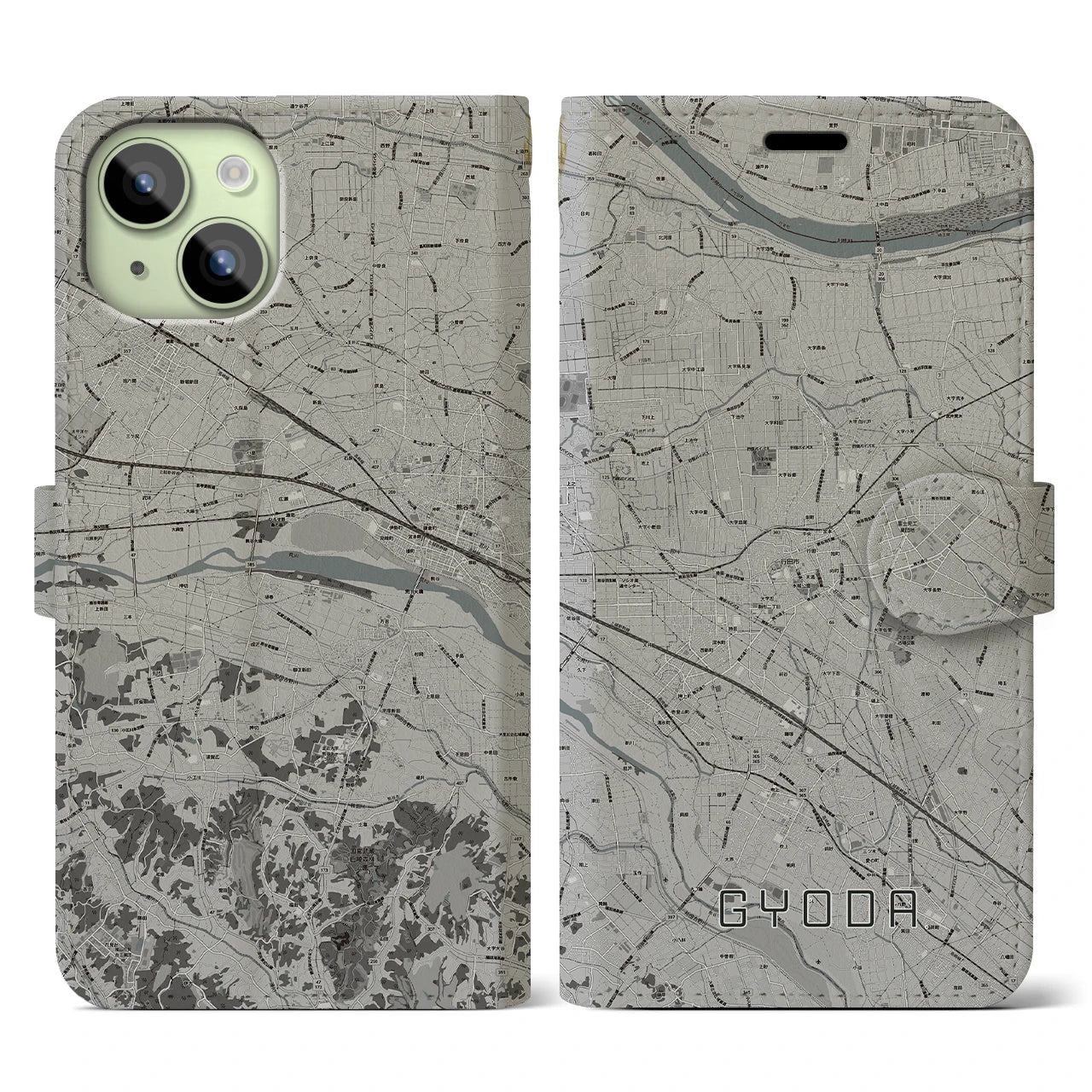 【行田(埼玉県)】地図柄iPhoneケース(手帳タイプ)モノトーン・iPhone 15 用