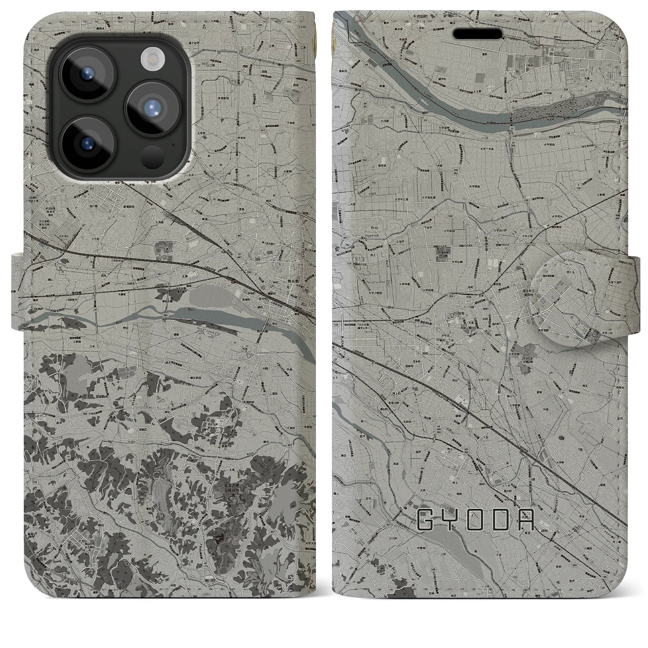 【行田(埼玉県)】地図柄iPhoneケース(手帳タイプ)モノトーン・iPhone 15 Pro Max 用