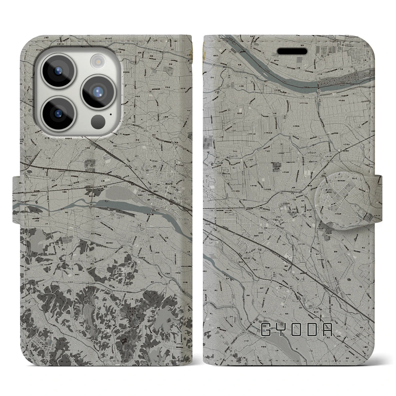 【行田(埼玉県)】地図柄iPhoneケース(手帳タイプ)モノトーン・iPhone 15 Pro 用