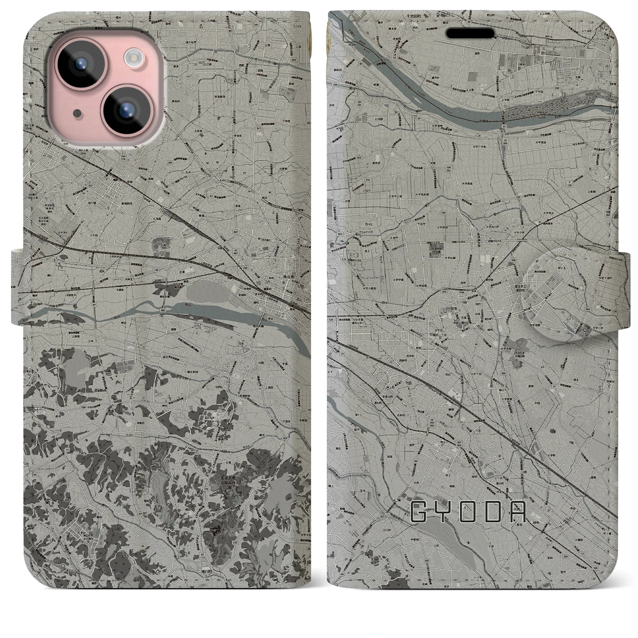 【行田(埼玉県)】地図柄iPhoneケース(手帳タイプ)モノトーン・iPhone 15 Plus 用