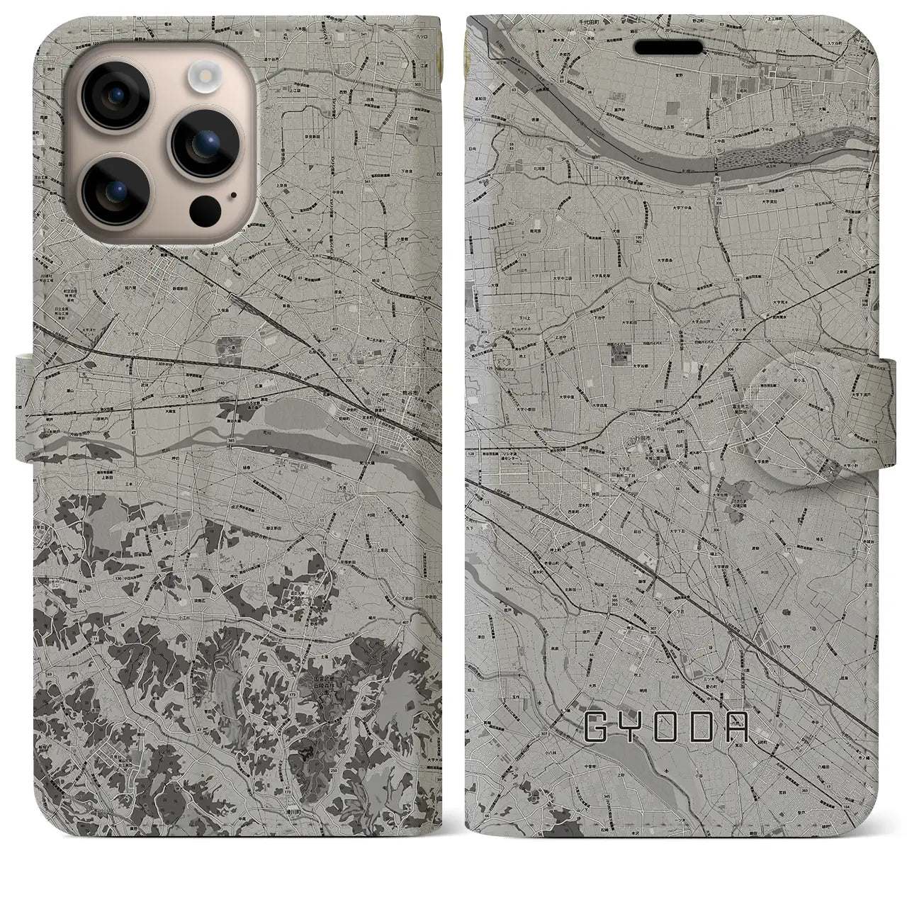 【行田(埼玉県)】地図柄iPhoneケース(手帳タイプ)モノトーン・iPhone 16 Plus 用