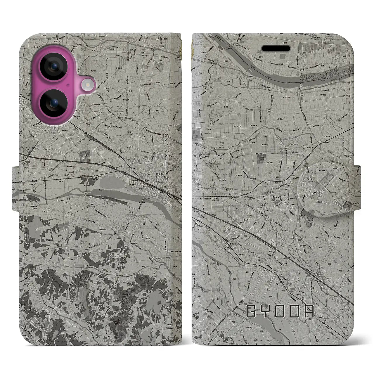 【行田(埼玉県)】地図柄iPhoneケース(手帳タイプ)モノトーン・iPhone 16 Pro 用