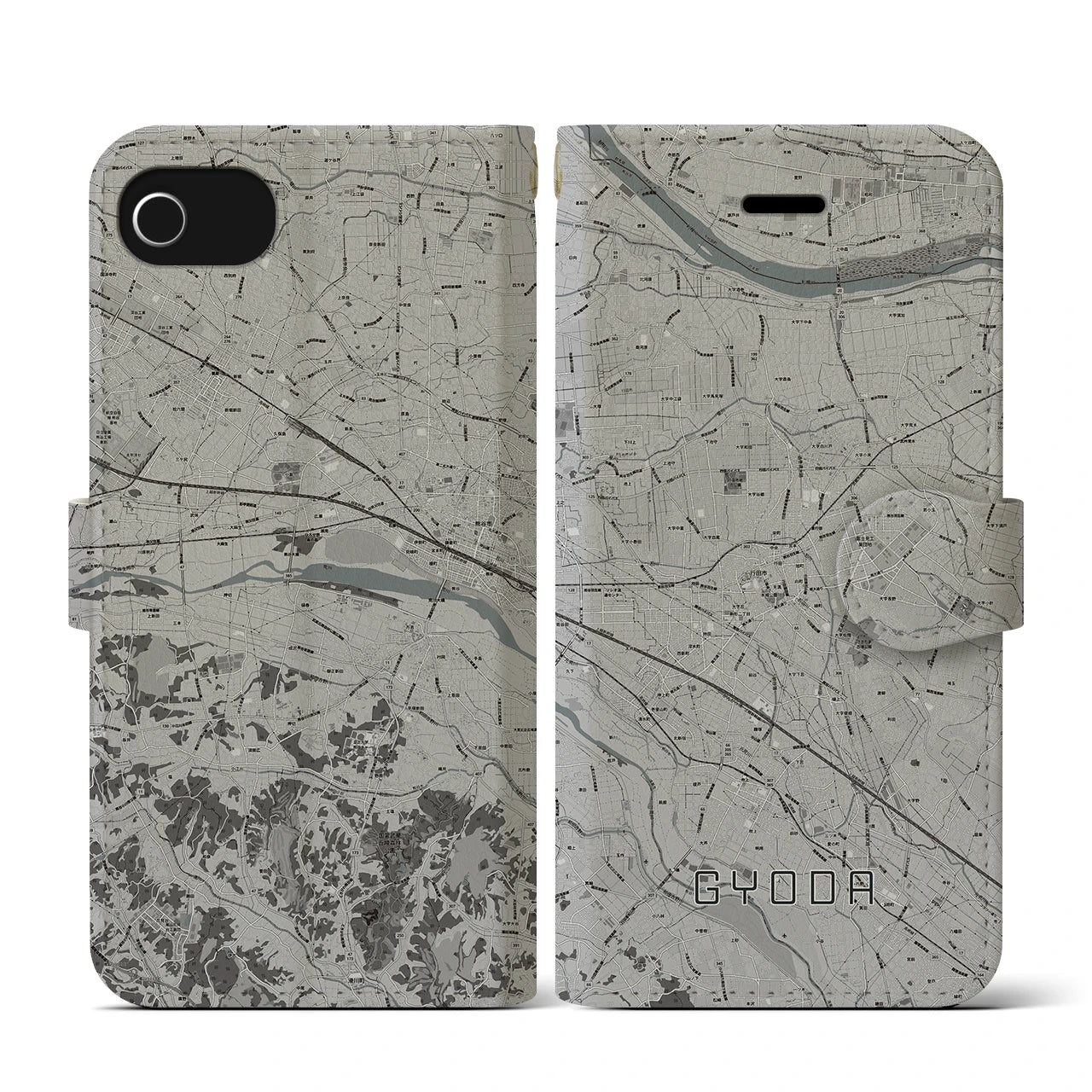 【行田(埼玉県)】地図柄iPhoneケース(手帳タイプ)モノトーン・iPhone SE(第3 / 第2世代) / 8 / 7 / 6s / 6 用