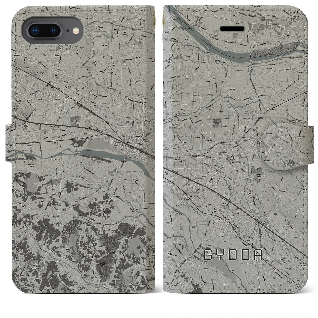 【行田(埼玉県)】地図柄iPhoneケース(手帳タイプ)モノトーン・iPhone 8Plus /7Plus / 6sPlus / 6Plus 用