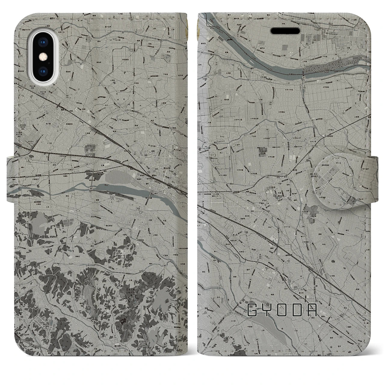 【行田(埼玉県)】地図柄iPhoneケース(手帳タイプ)モノトーン・iPhone XS Max 用