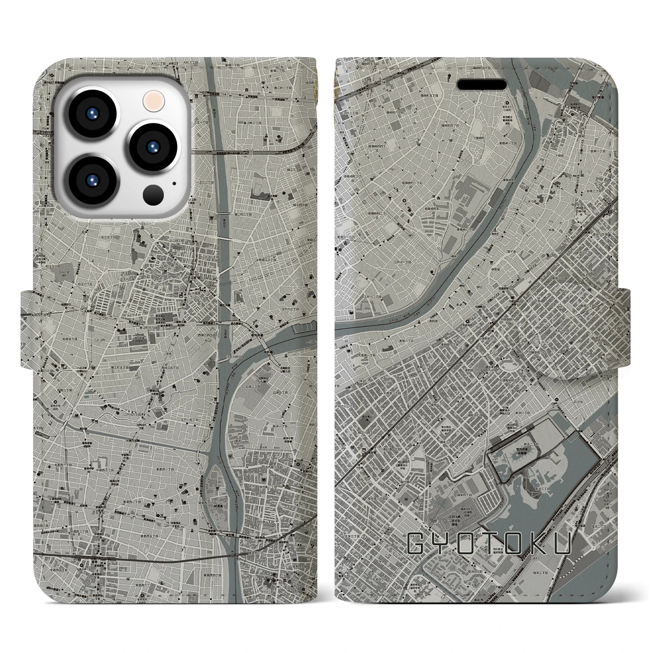 【行徳(千葉県)】地図柄iPhoneケース(手帳タイプ)モノトーン・iPhone 13 Pro 用