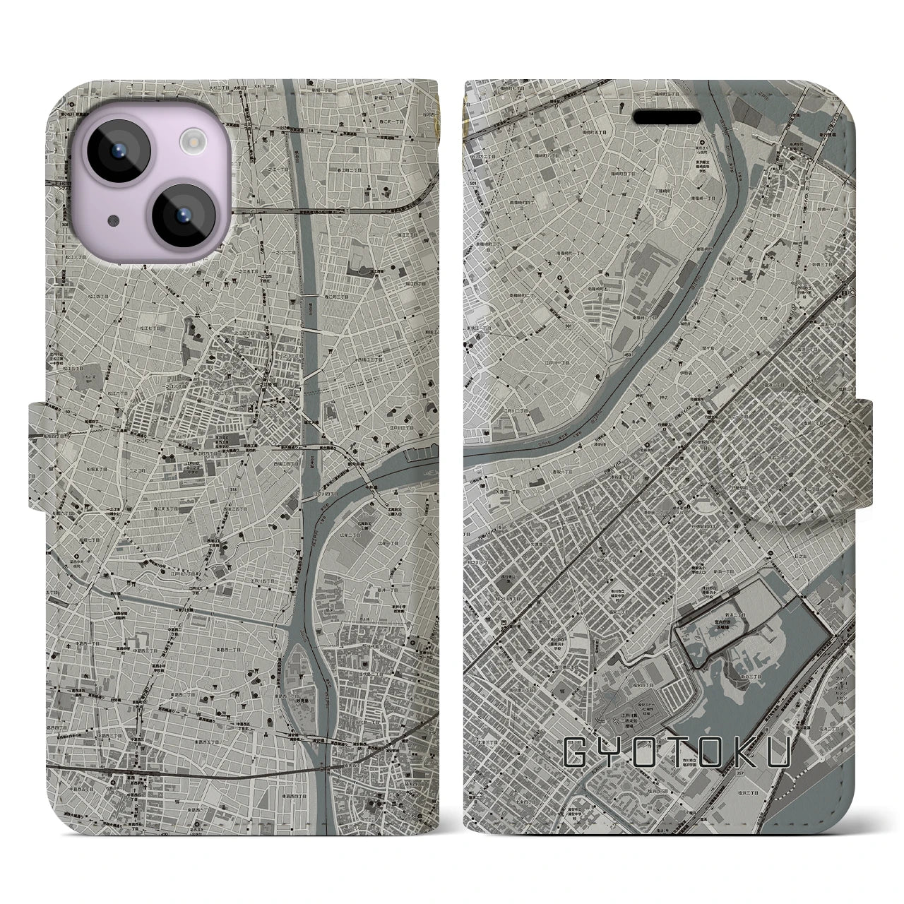 【行徳(千葉県)】地図柄iPhoneケース(手帳タイプ)モノトーン・iPhone 14 用
