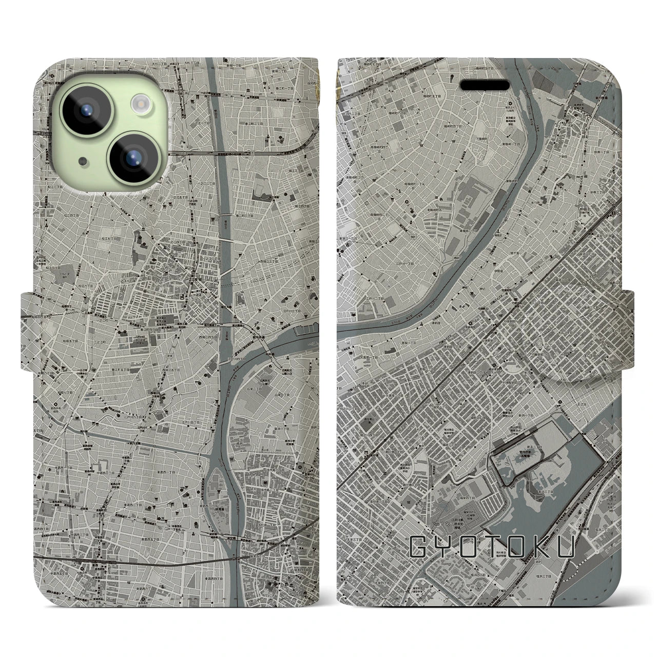 【行徳(千葉県)】地図柄iPhoneケース(手帳タイプ)モノトーン・iPhone 15 用