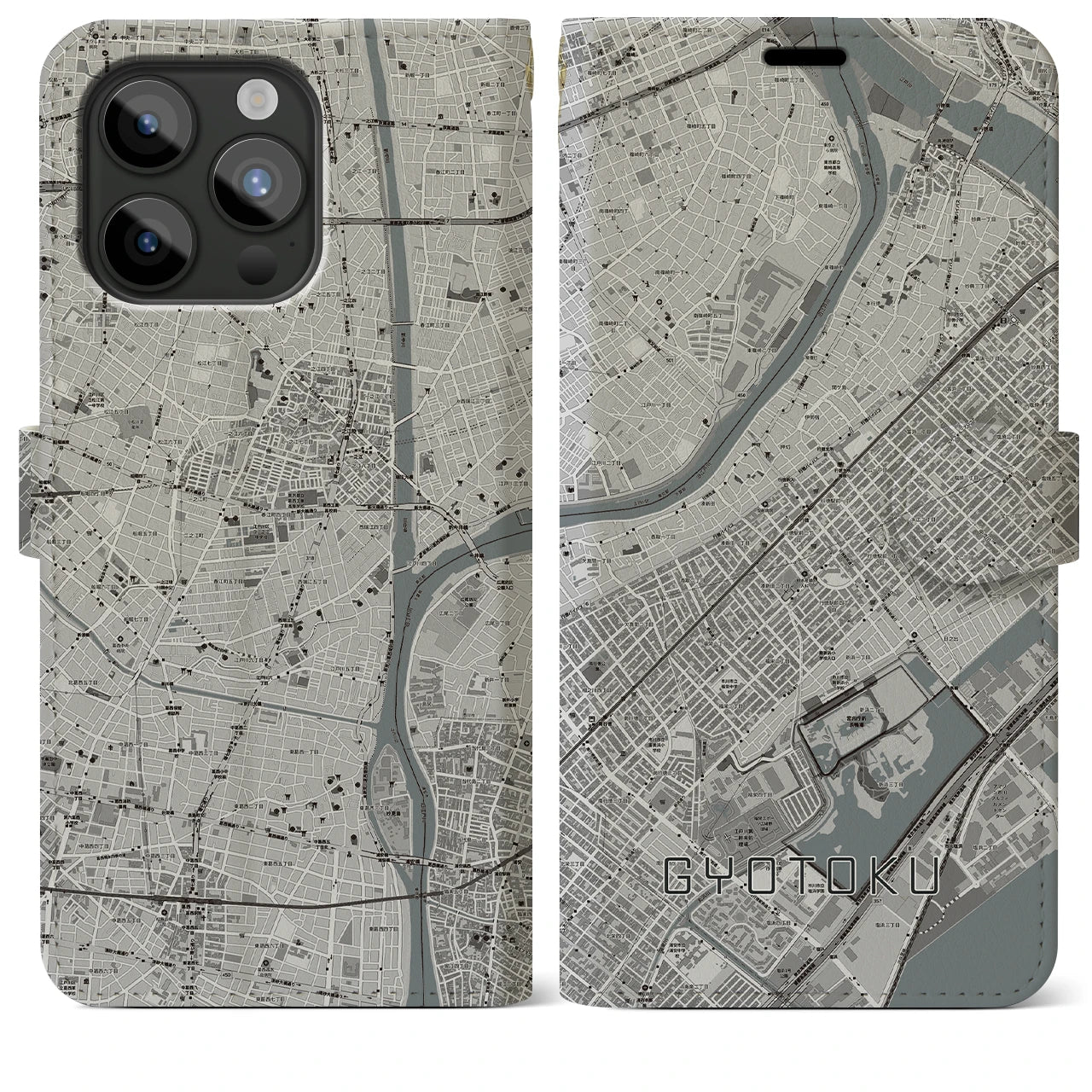 【行徳(千葉県)】地図柄iPhoneケース(手帳タイプ)モノトーン・iPhone 15 Pro Max 用