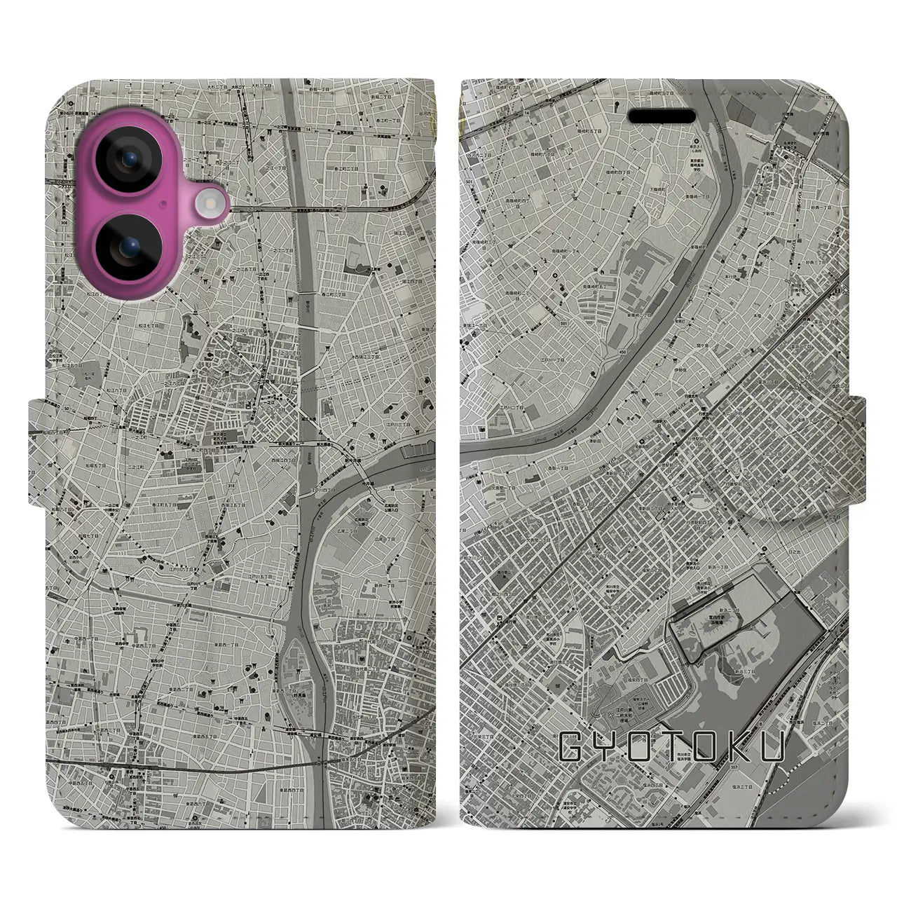 【行徳(千葉県)】地図柄iPhoneケース(手帳タイプ)モノトーン・iPhone 16 Pro 用