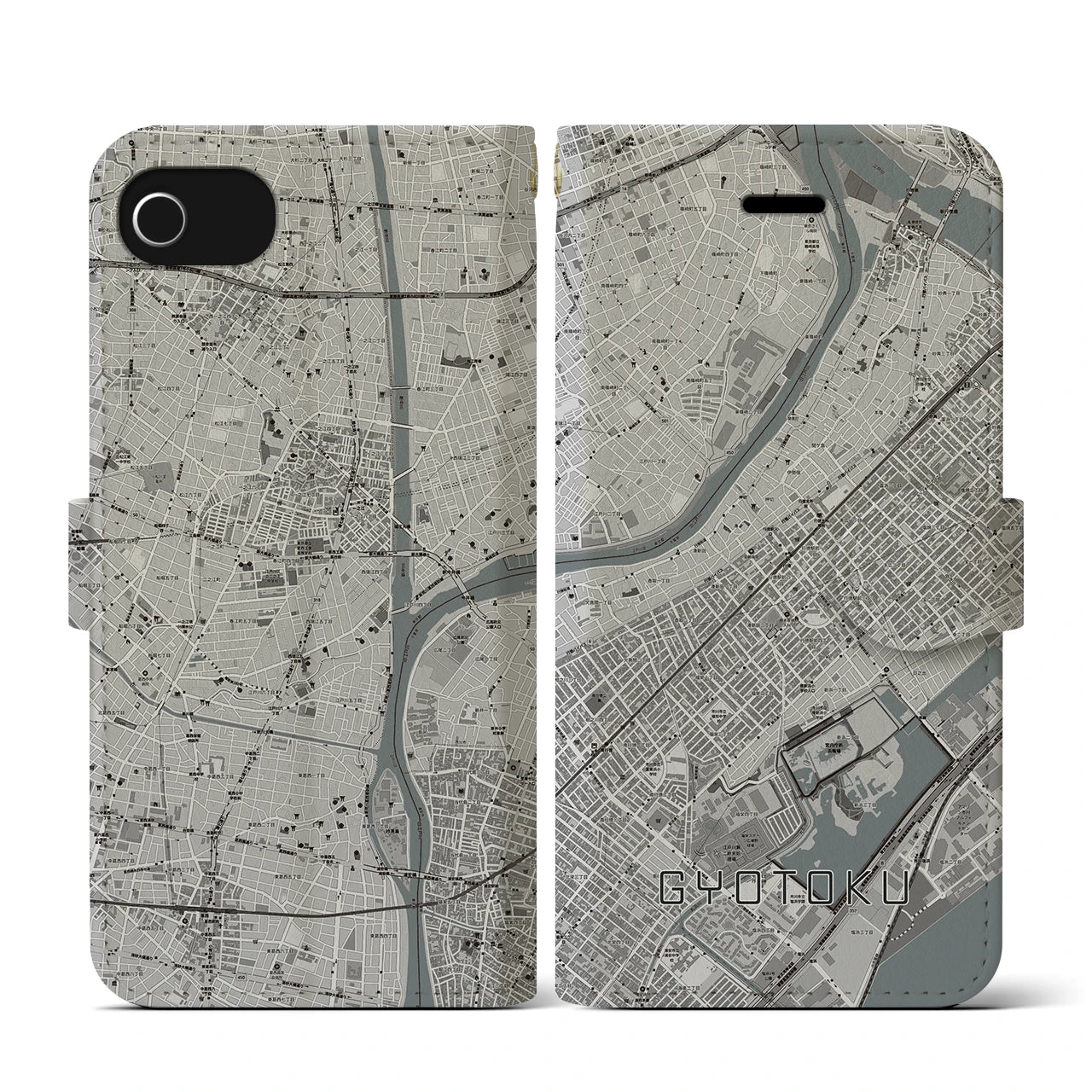 【行徳(千葉県)】地図柄iPhoneケース(手帳タイプ)モノトーン・iPhone SE(第3 / 第2世代) / 8 / 7 / 6s / 6 用