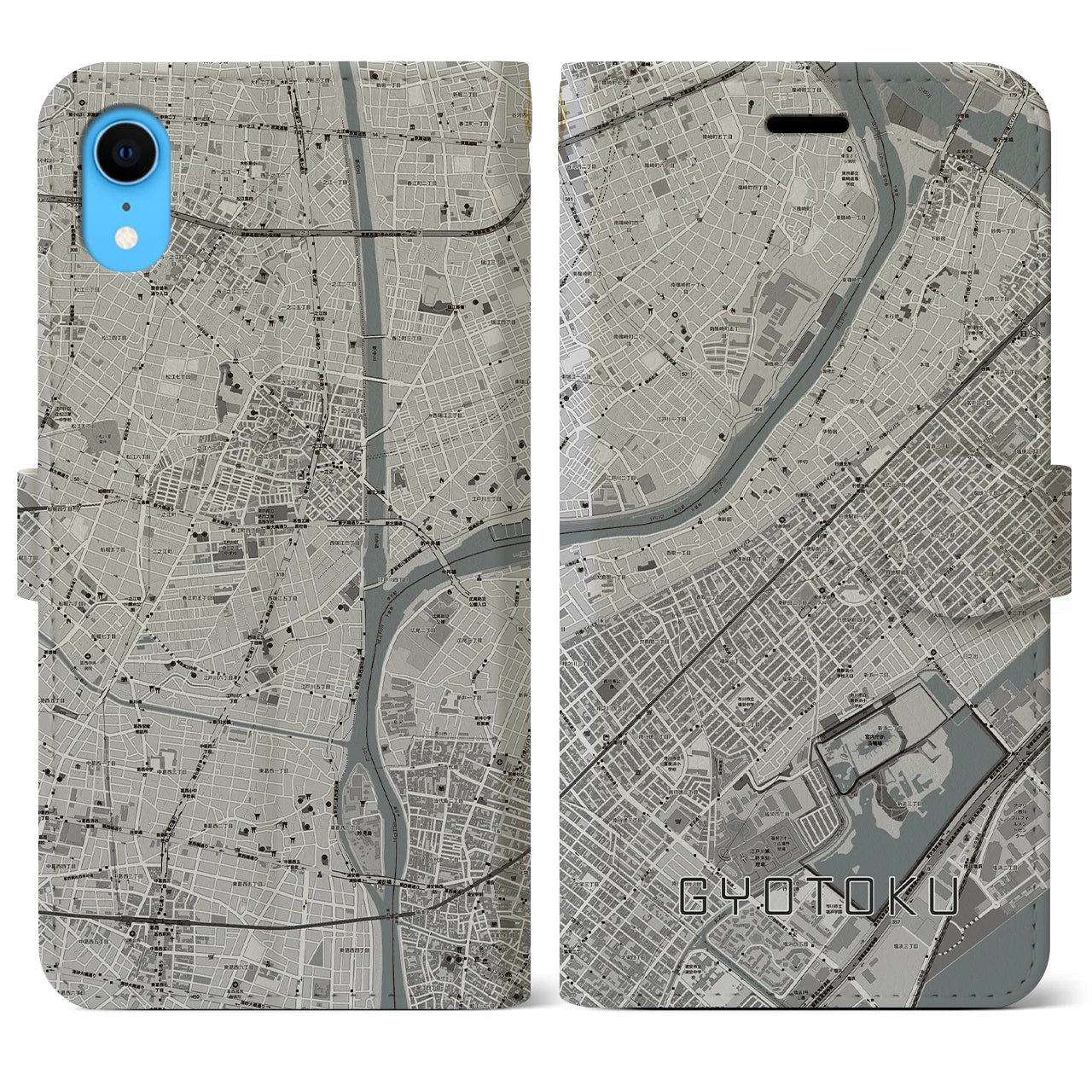 【行徳(千葉県)】地図柄iPhoneケース(手帳タイプ)モノトーン・iPhone XR 用