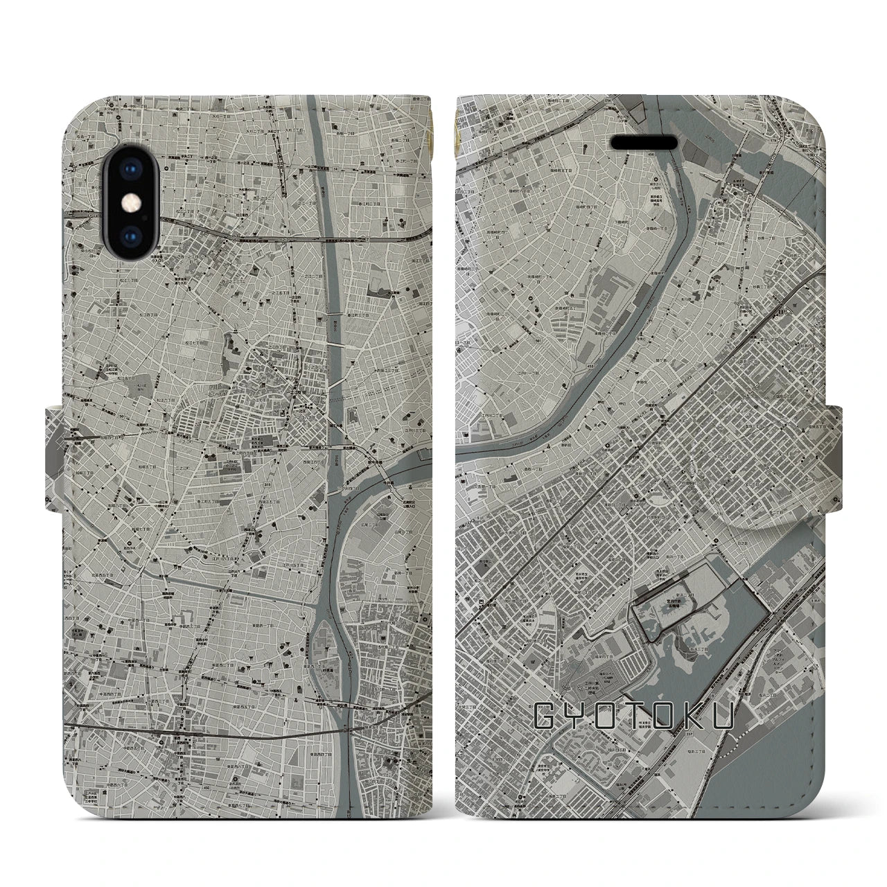 【行徳(千葉県)】地図柄iPhoneケース(手帳タイプ)モノトーン・iPhone XS / X 用