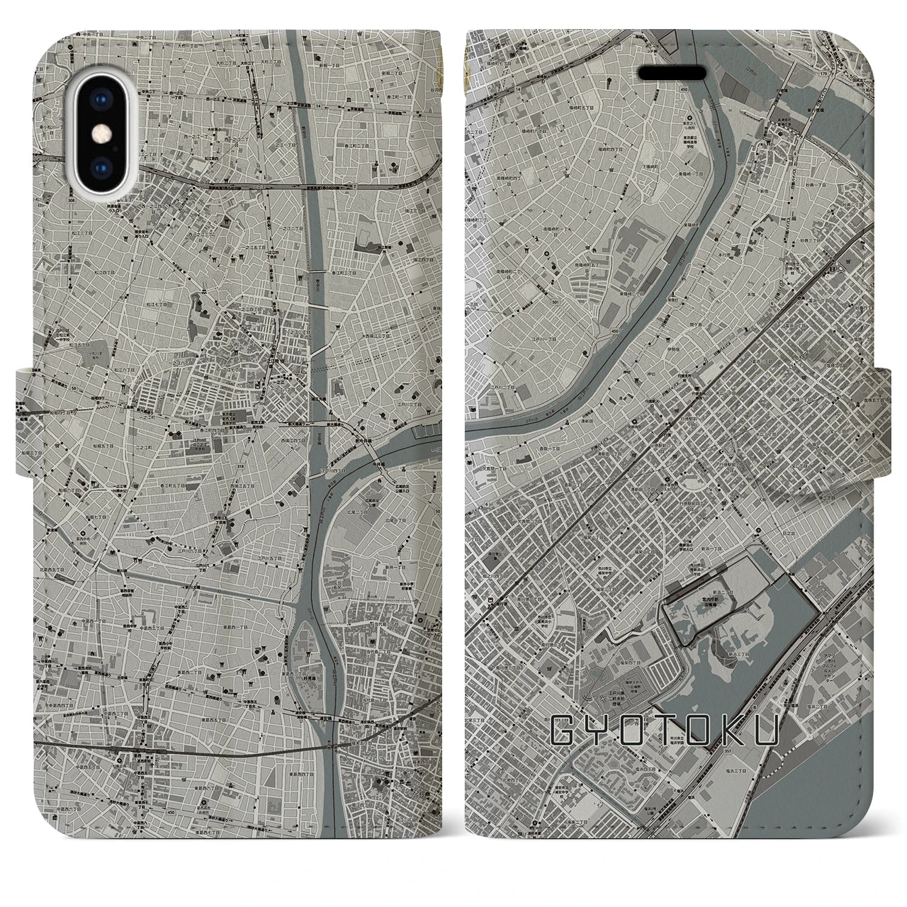 【行徳(千葉県)】地図柄iPhoneケース(手帳タイプ)モノトーン・iPhone XS Max 用