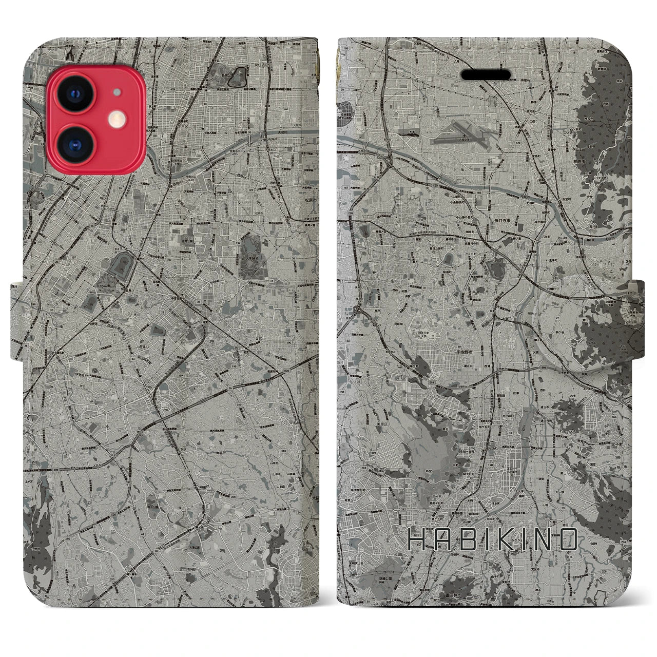 【羽曳野(大阪府)】地図柄iPhoneケース(手帳タイプ)モノトーン・iPhone 11 用