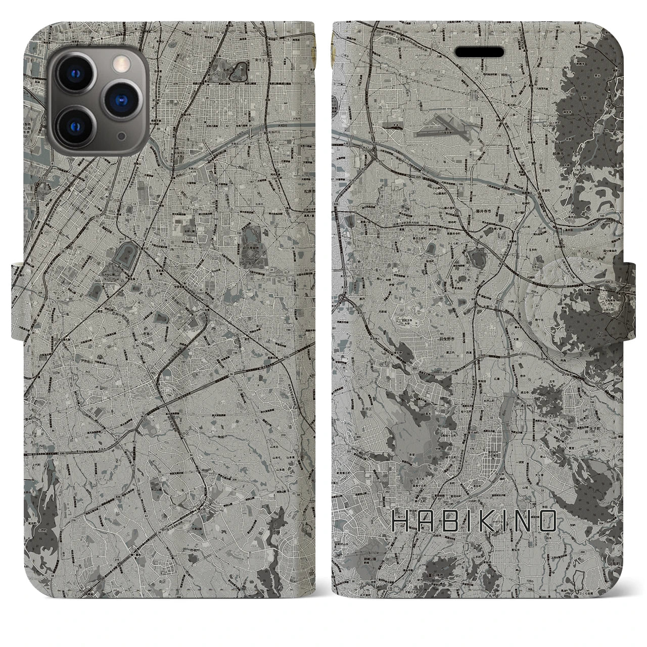 【羽曳野(大阪府)】地図柄iPhoneケース(手帳タイプ)モノトーン・iPhone 11 Pro Max 用