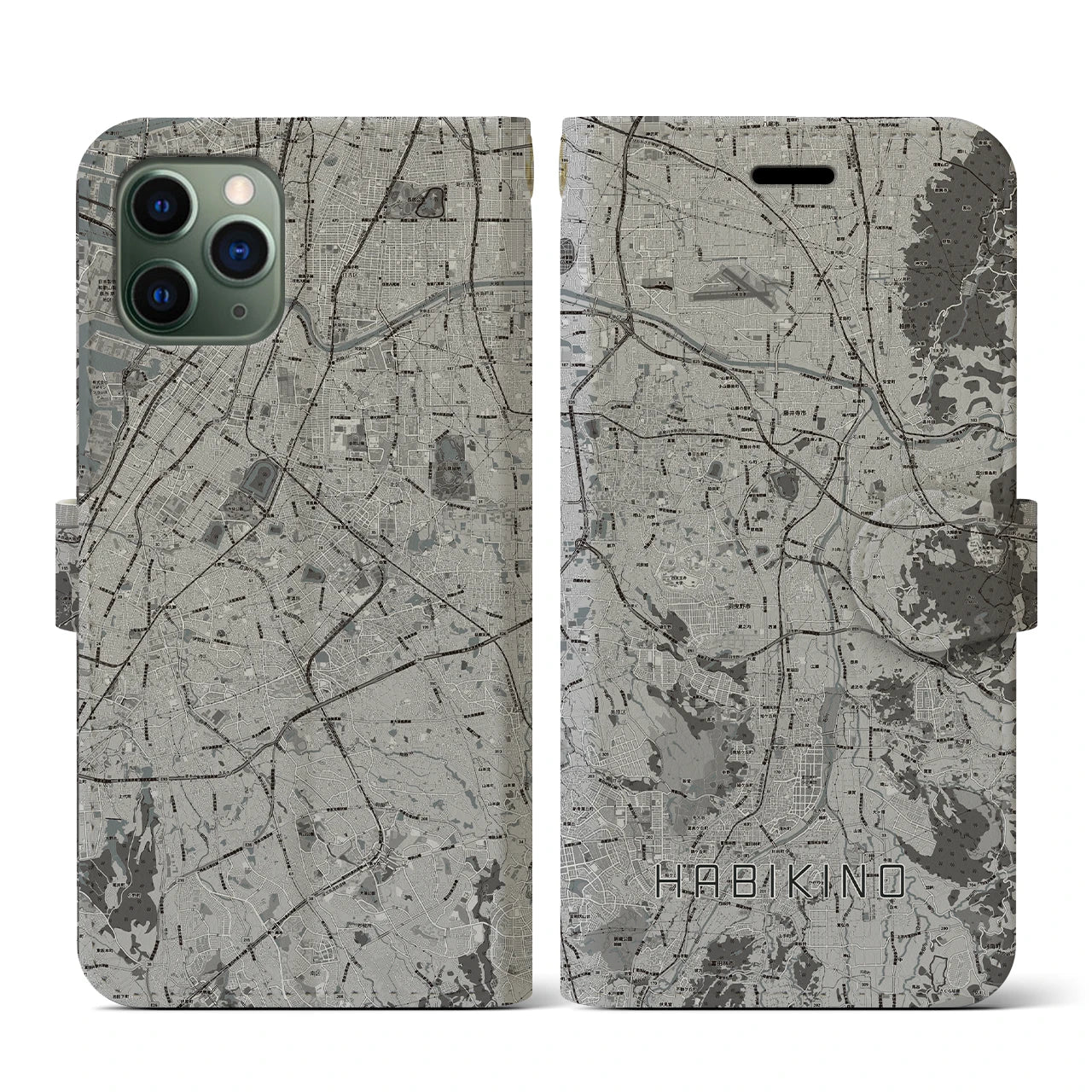 【羽曳野(大阪府)】地図柄iPhoneケース(手帳タイプ)モノトーン・iPhone 11 Pro 用
