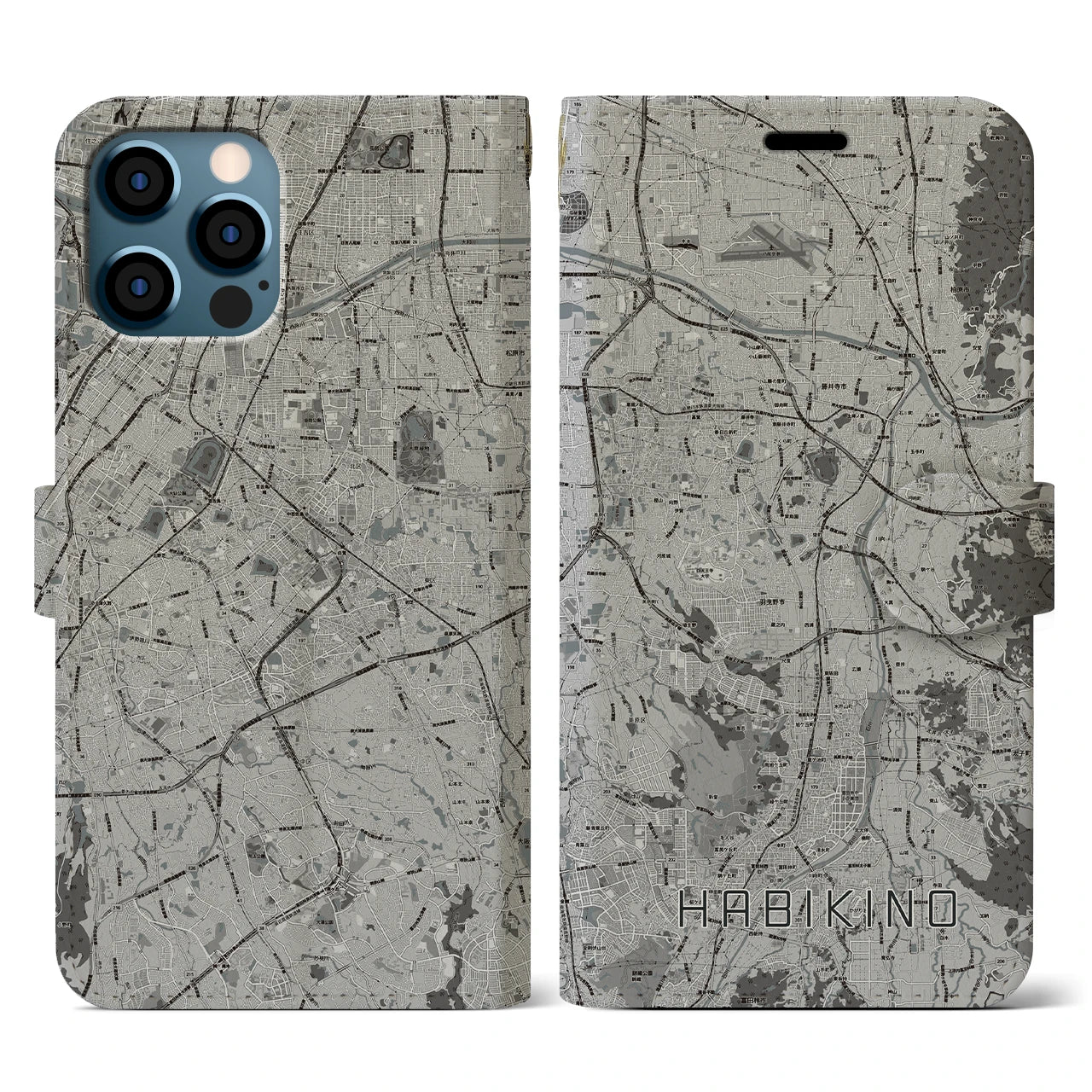 【羽曳野(大阪府)】地図柄iPhoneケース(手帳タイプ)モノトーン・iPhone 12 / 12 Pro 用