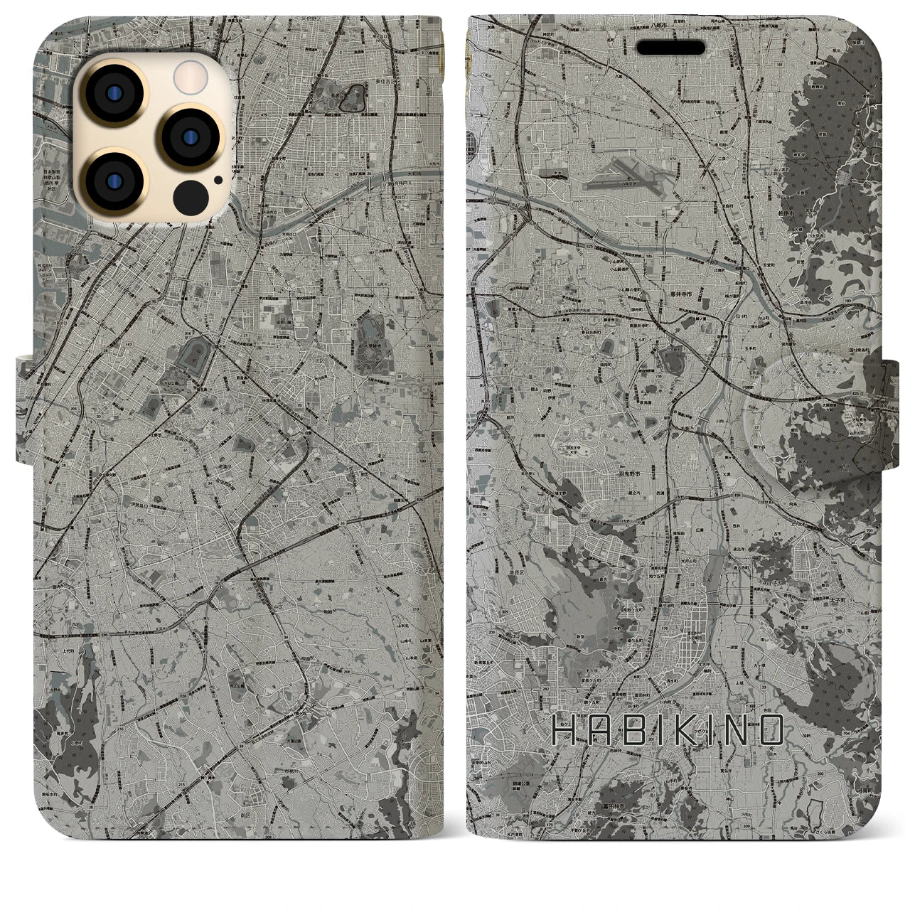 【羽曳野(大阪府)】地図柄iPhoneケース(手帳タイプ)モノトーン・iPhone 12 Pro Max 用