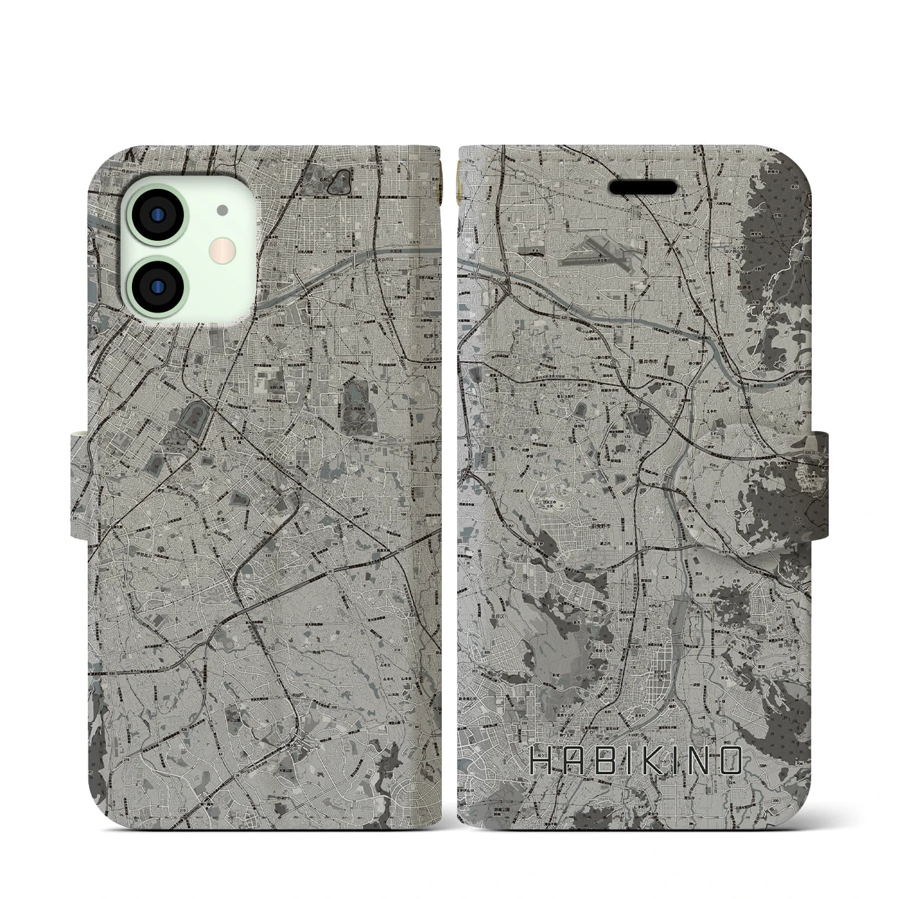 【羽曳野(大阪府)】地図柄iPhoneケース(手帳タイプ)モノトーン・iPhone 12 mini 用