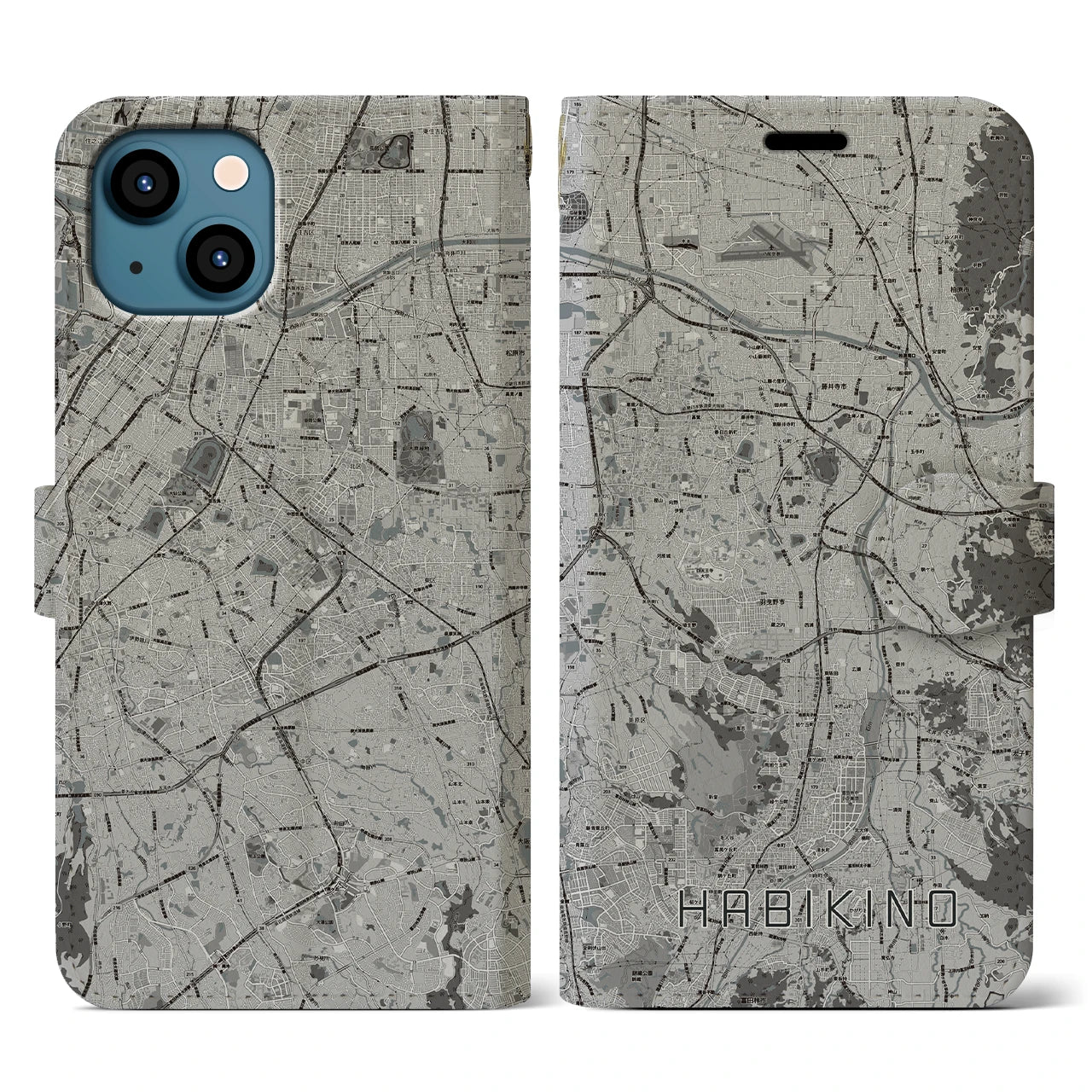 【羽曳野(大阪府)】地図柄iPhoneケース(手帳タイプ)モノトーン・iPhone 13 用