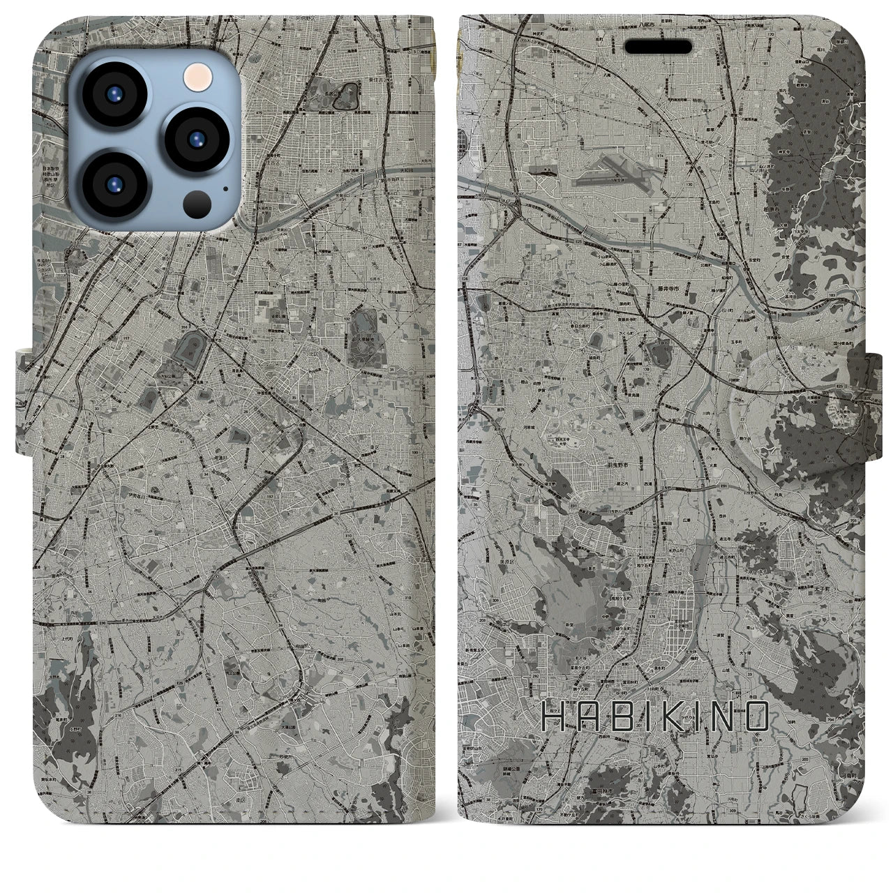 【羽曳野(大阪府)】地図柄iPhoneケース(手帳タイプ)モノトーン・iPhone 13 Pro Max 用