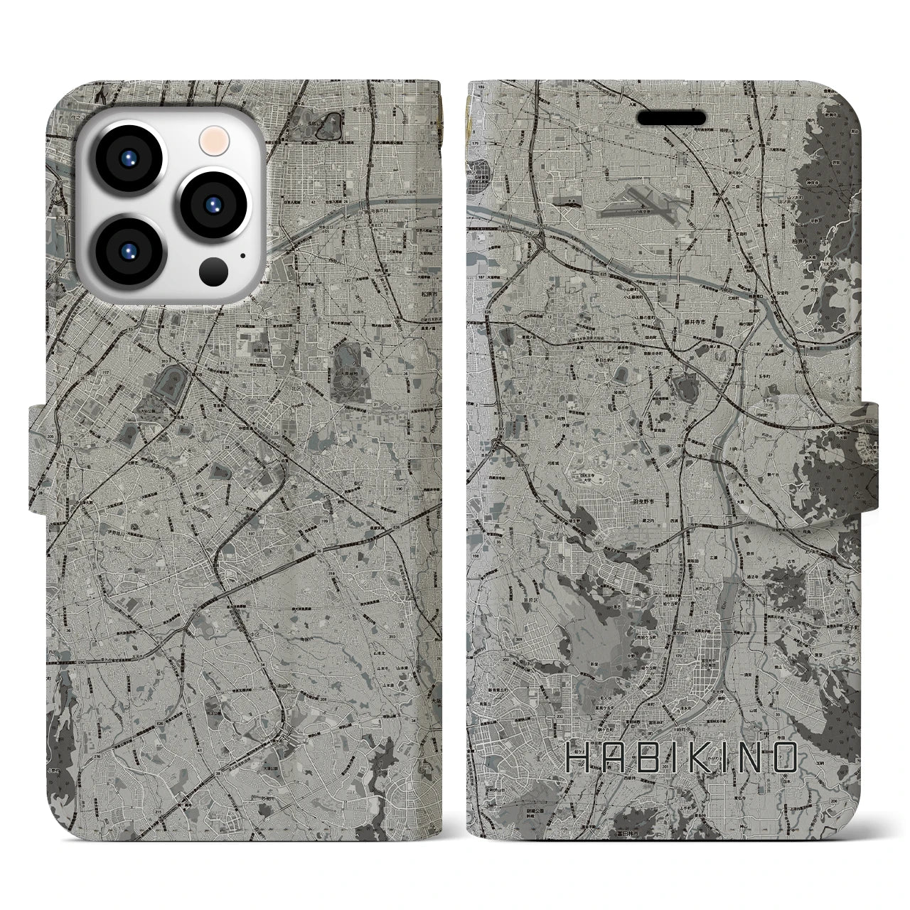【羽曳野(大阪府)】地図柄iPhoneケース(手帳タイプ)モノトーン・iPhone 13 Pro 用
