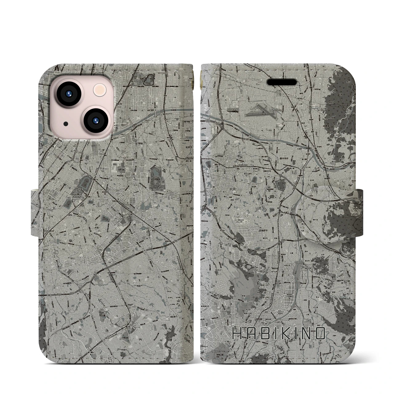 【羽曳野(大阪府)】地図柄iPhoneケース(手帳タイプ)モノトーン・iPhone 13 mini 用