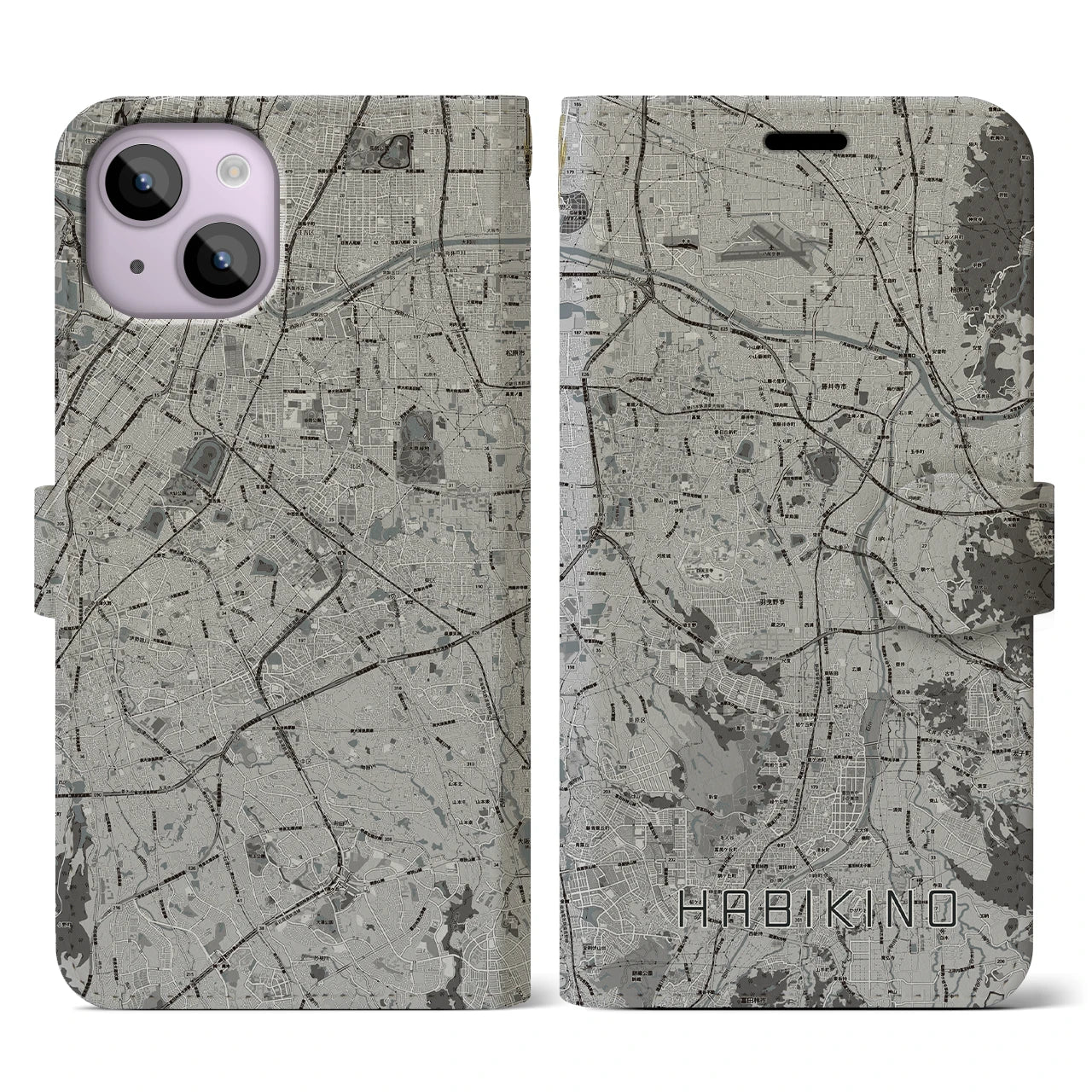 【羽曳野(大阪府)】地図柄iPhoneケース(手帳タイプ)モノトーン・iPhone 14 用