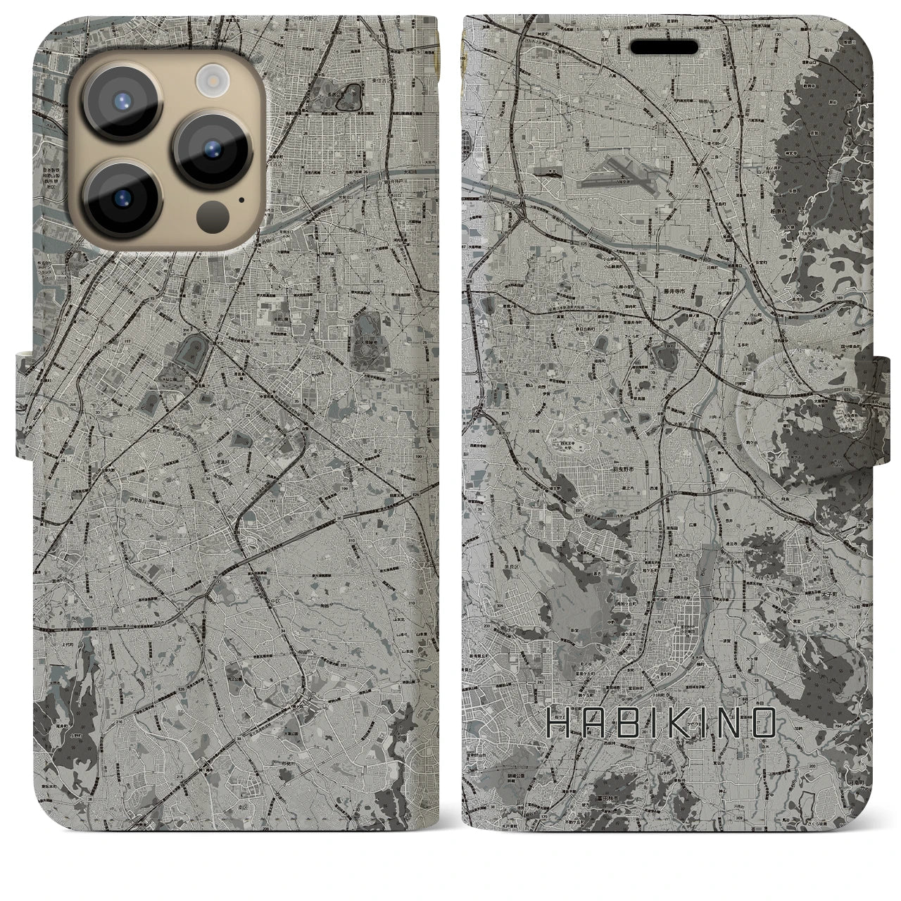 【羽曳野(大阪府)】地図柄iPhoneケース(手帳タイプ)モノトーン・iPhone 14 Pro Max 用
