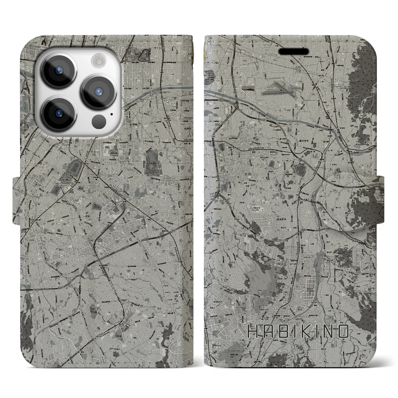 【羽曳野(大阪府)】地図柄iPhoneケース(手帳タイプ)モノトーン・iPhone 14 Pro 用