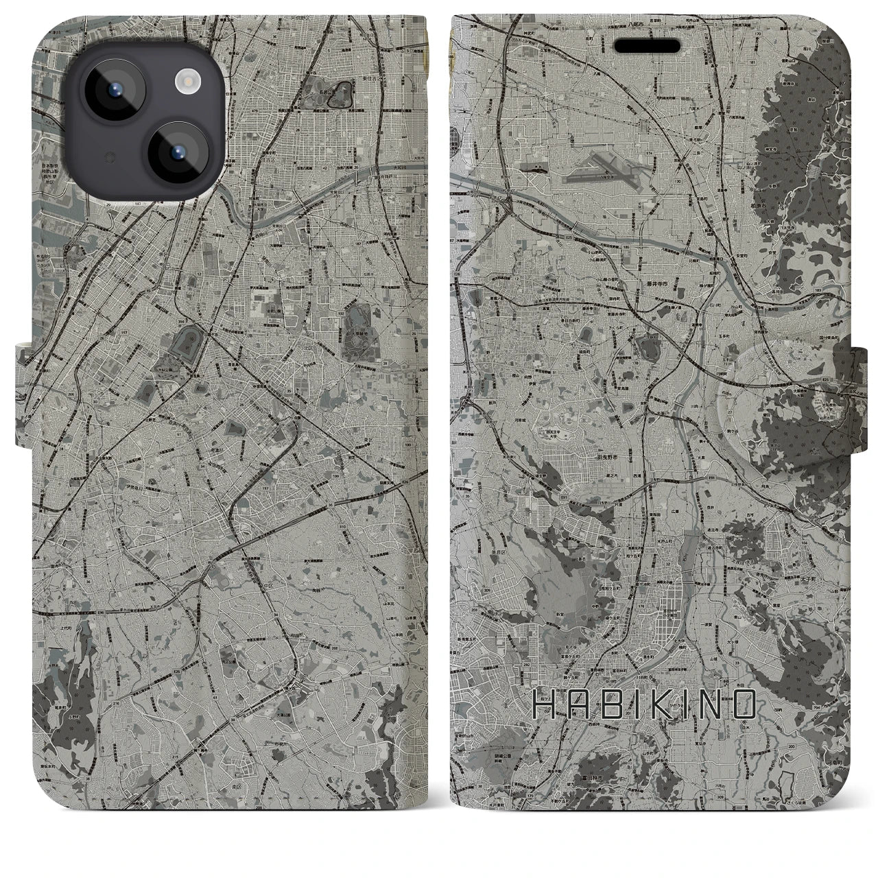 【羽曳野(大阪府)】地図柄iPhoneケース(手帳タイプ)モノトーン・iPhone 14 Plus 用