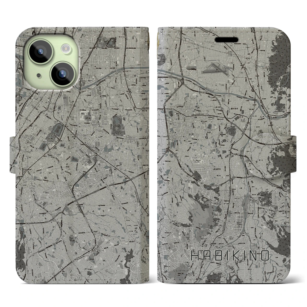 【羽曳野(大阪府)】地図柄iPhoneケース(手帳タイプ)モノトーン・iPhone 15 用