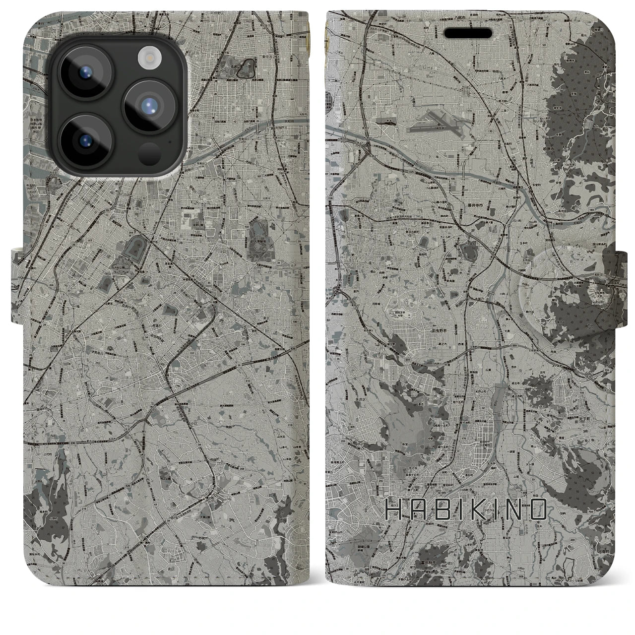 【羽曳野(大阪府)】地図柄iPhoneケース(手帳タイプ)モノトーン・iPhone 15 Pro Max 用
