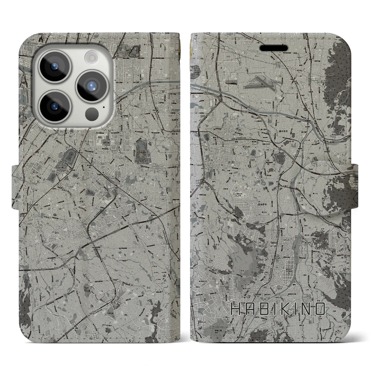 【羽曳野(大阪府)】地図柄iPhoneケース(手帳タイプ)モノトーン・iPhone 15 Pro 用