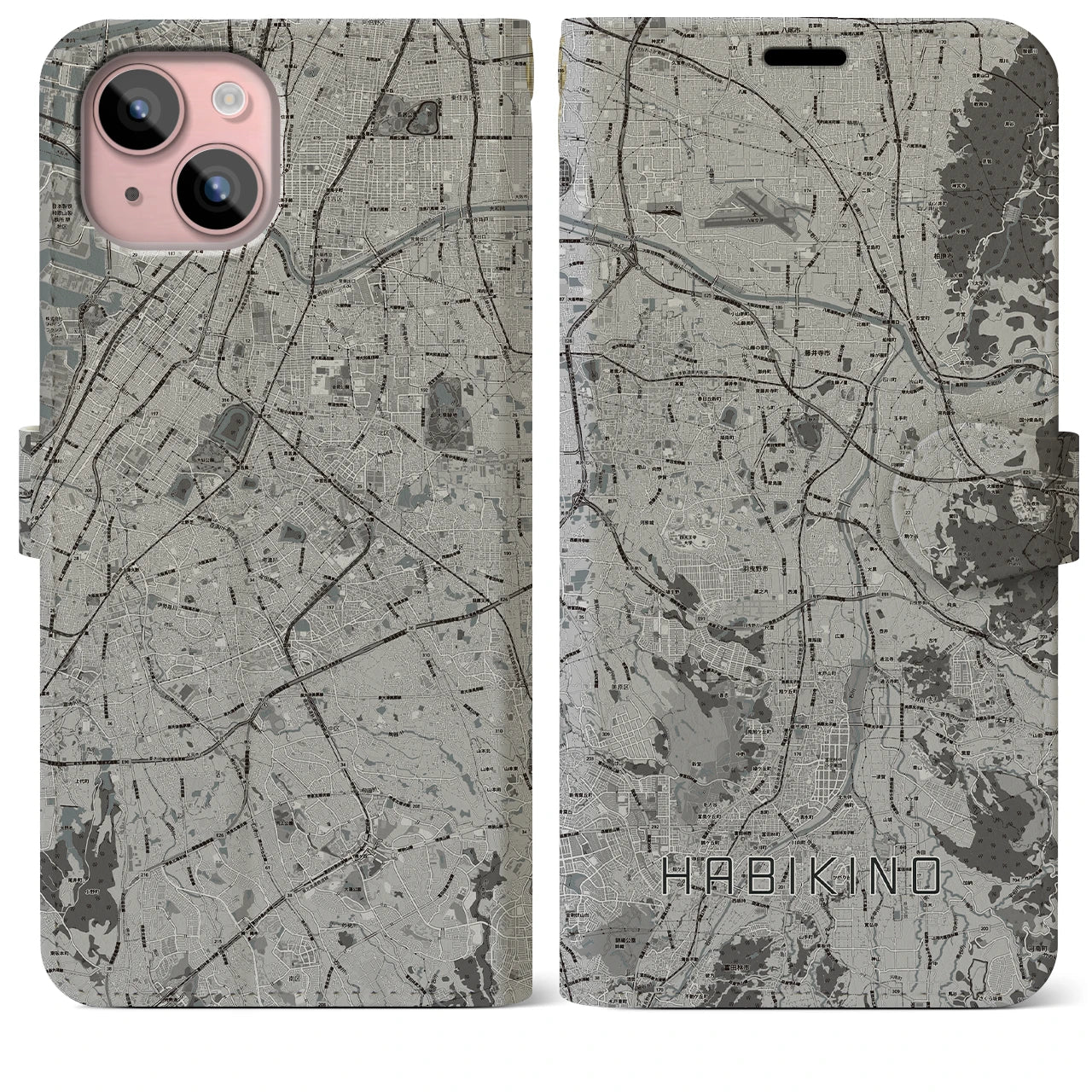 【羽曳野(大阪府)】地図柄iPhoneケース(手帳タイプ)モノトーン・iPhone 15 Plus 用