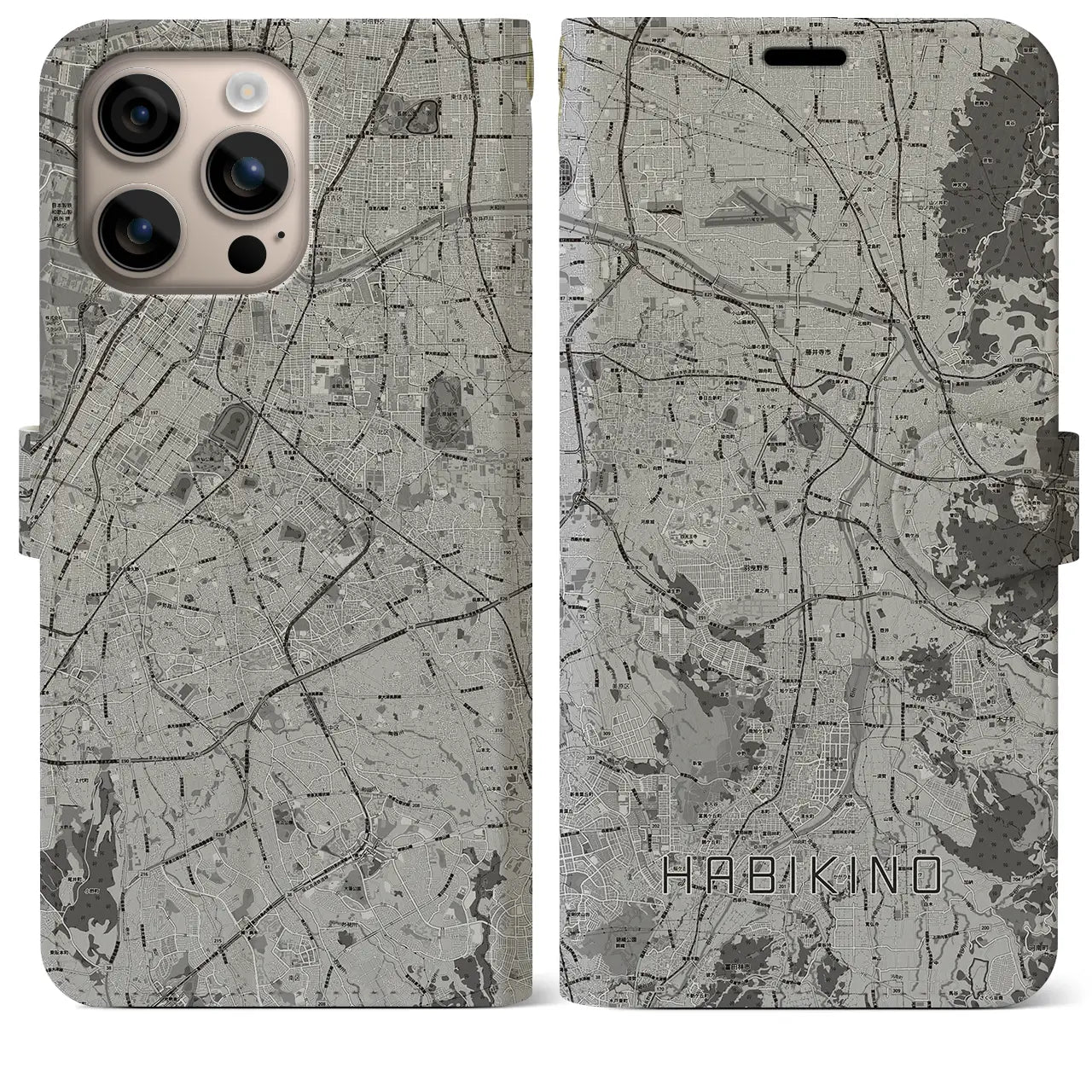 【羽曳野(大阪府)】地図柄iPhoneケース(手帳タイプ)モノトーン・iPhone 16 Plus 用