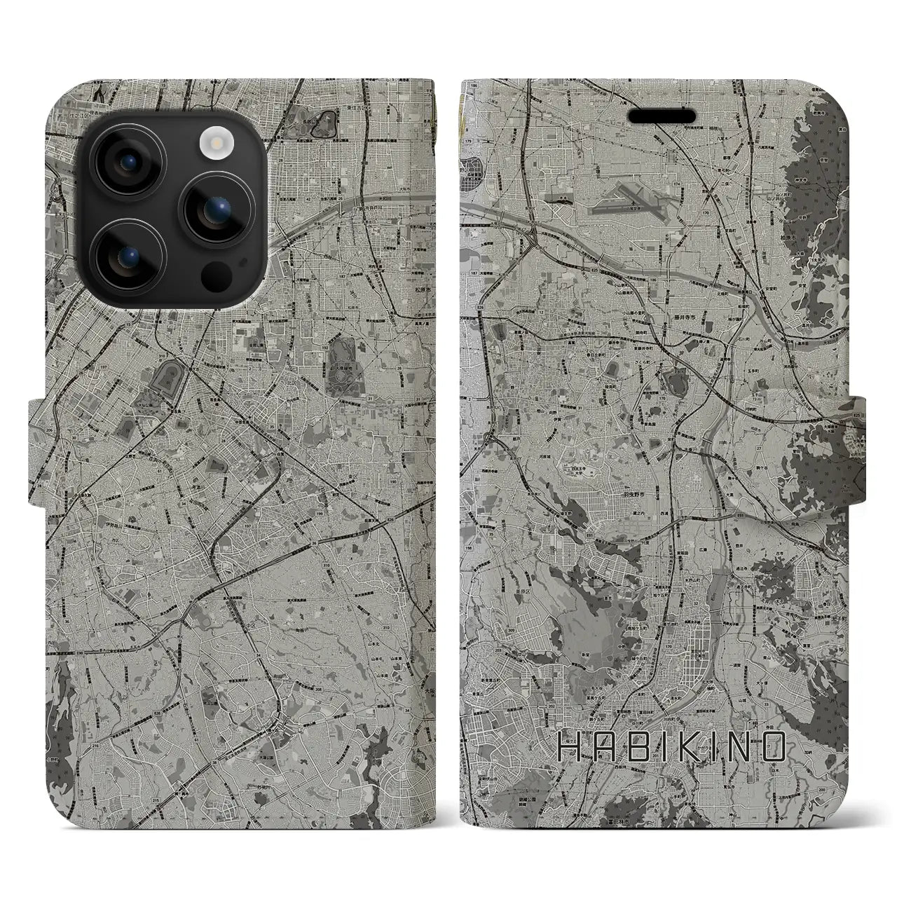 【羽曳野(大阪府)】地図柄iPhoneケース(手帳タイプ)モノトーン・iPhone 16 用