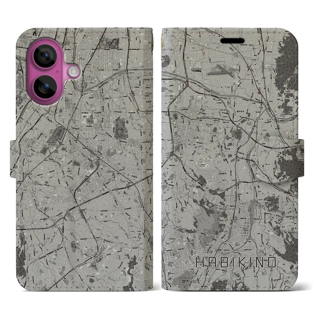 【羽曳野(大阪府)】地図柄iPhoneケース(手帳タイプ)モノトーン・iPhone 16 Pro 用