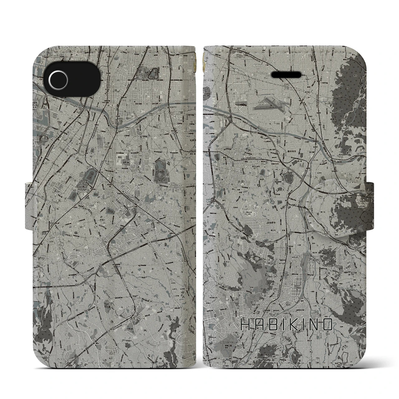 【羽曳野(大阪府)】地図柄iPhoneケース(手帳タイプ)モノトーン・iPhone SE(第3 / 第2世代) / 8 / 7 / 6s / 6 用