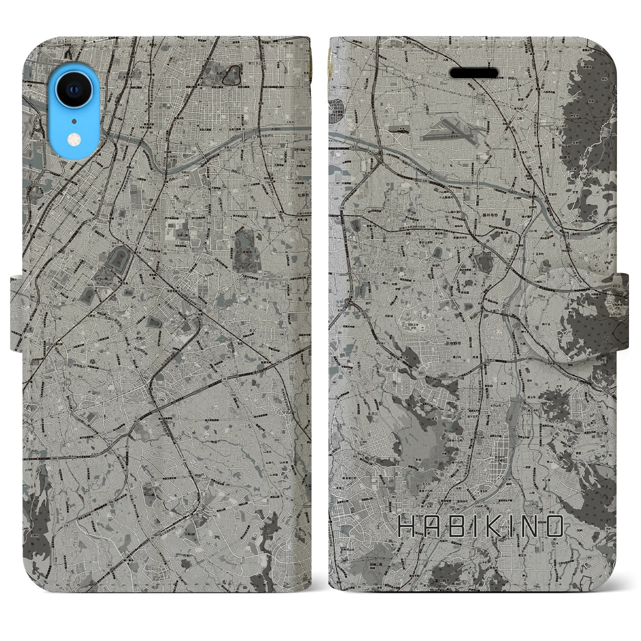 【羽曳野(大阪府)】地図柄iPhoneケース(手帳タイプ)モノトーン・iPhone XR 用