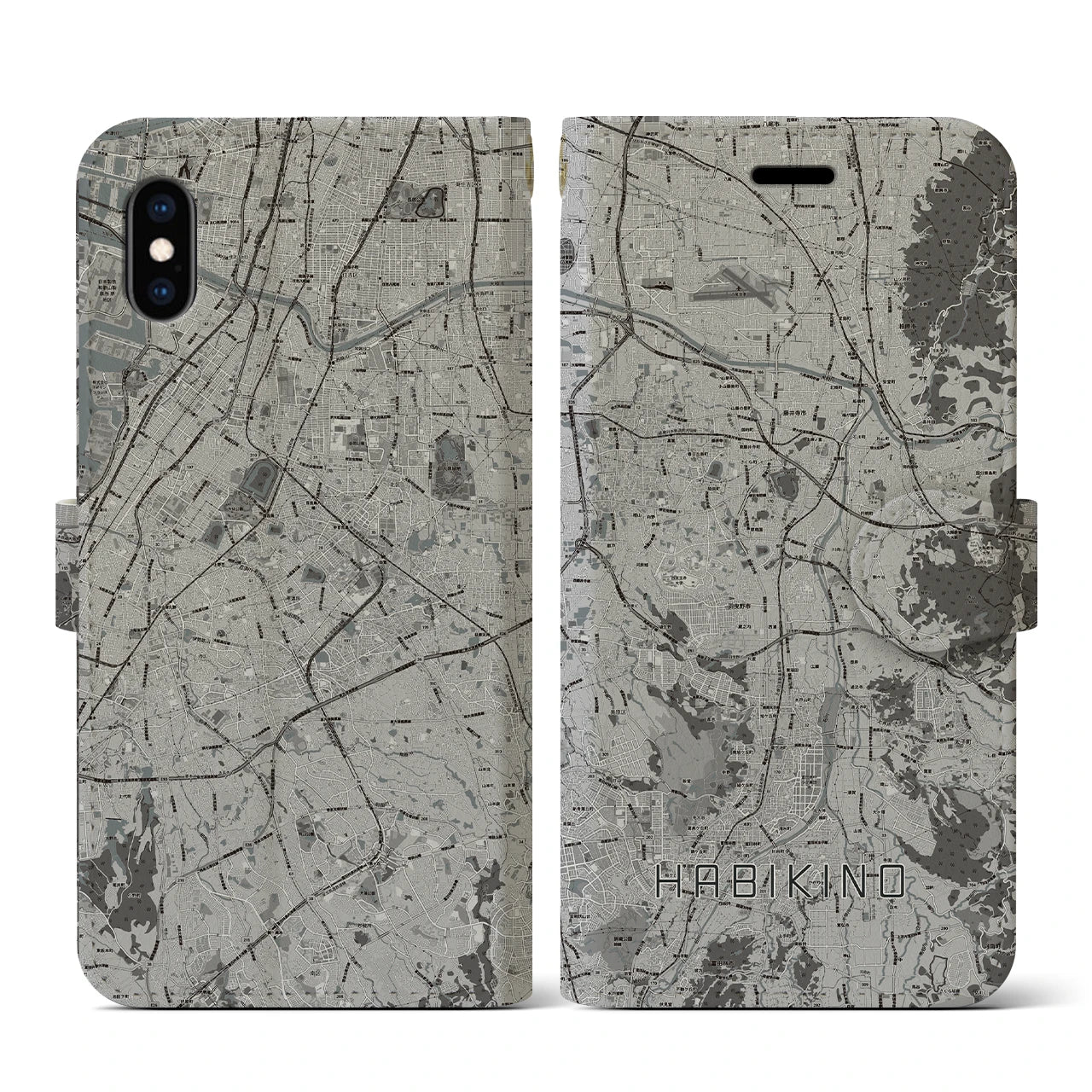 【羽曳野(大阪府)】地図柄iPhoneケース(手帳タイプ)モノトーン・iPhone XS / X 用