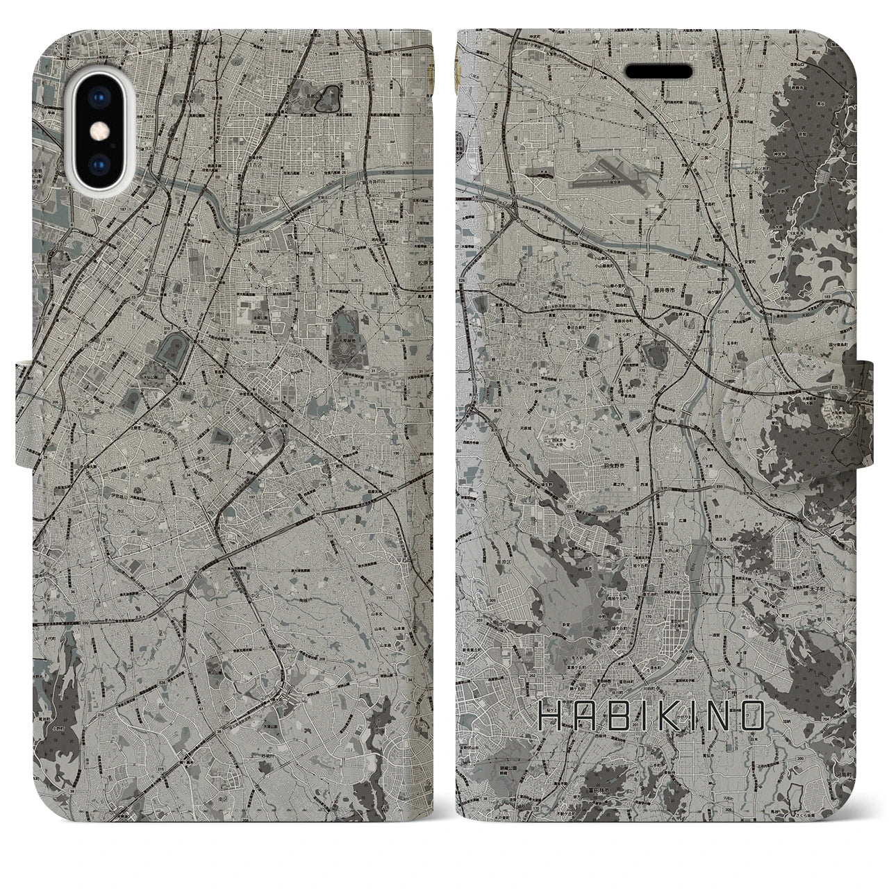 【羽曳野(大阪府)】地図柄iPhoneケース(手帳タイプ)モノトーン・iPhone XS Max 用