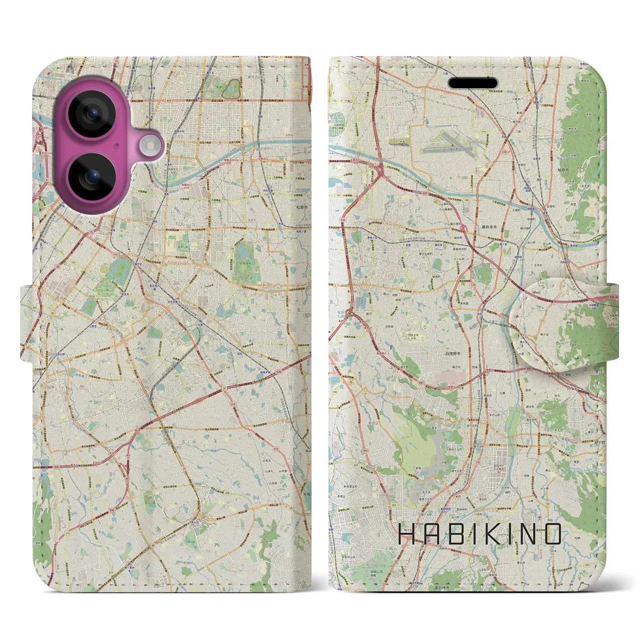 【羽曳野(大阪府)】地図柄iPhoneケース(手帳タイプ)ナチュラル・iPhone 16 Pro 用