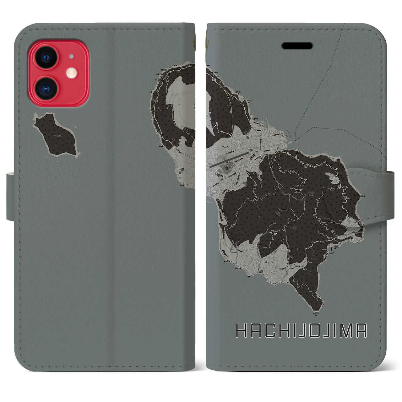 【八丈島(東京都)】地図柄iPhoneケース(手帳タイプ)モノトーン・iPhone 11 用