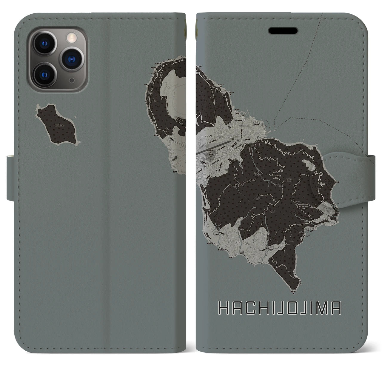 【八丈島(東京都)】地図柄iPhoneケース(手帳タイプ)モノトーン・iPhone 11 Pro Max 用