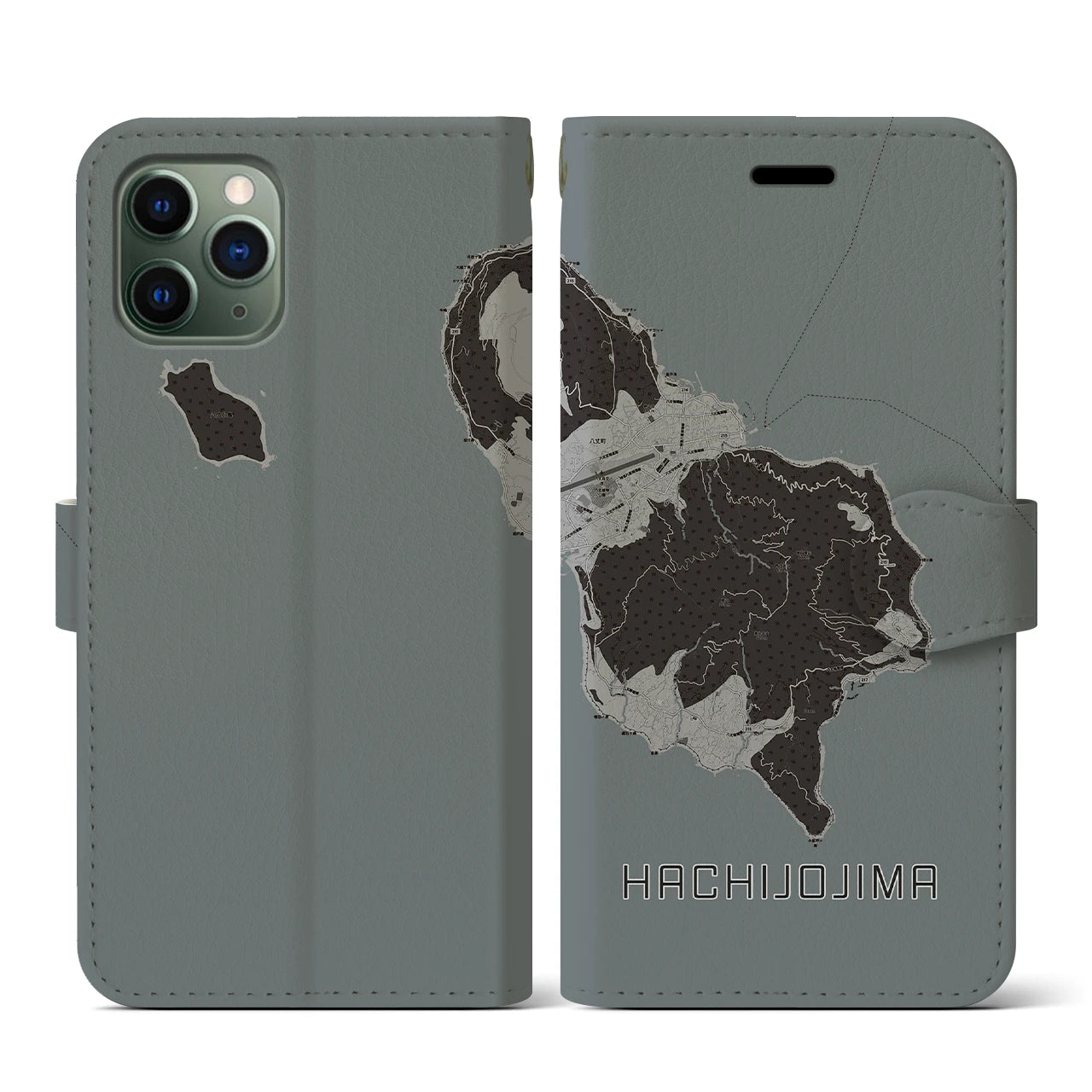【八丈島(東京都)】地図柄iPhoneケース(手帳タイプ)モノトーン・iPhone 11 Pro 用