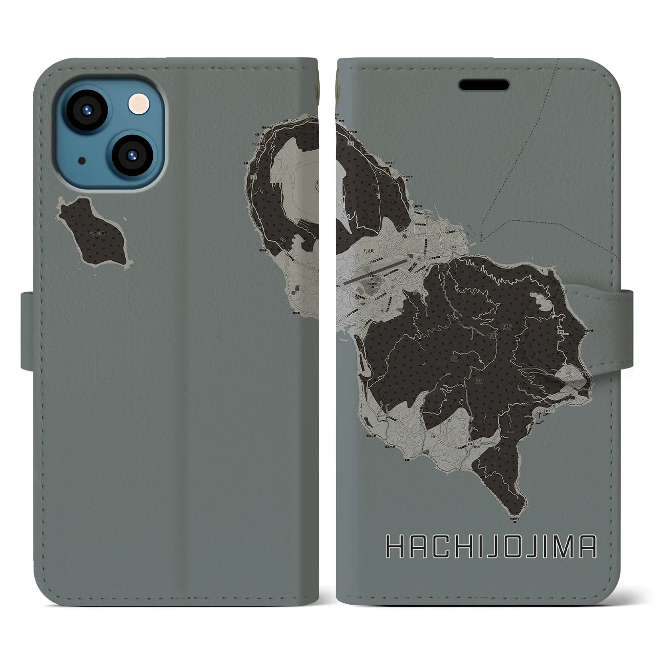 【八丈島(東京都)】地図柄iPhoneケース(手帳タイプ)モノトーン・iPhone 13 用