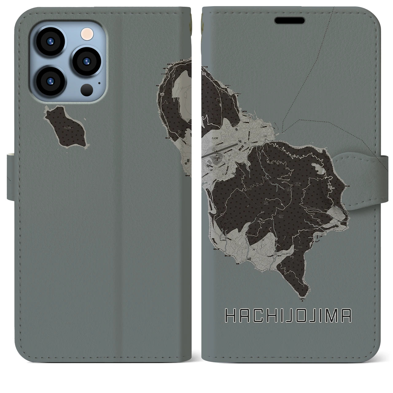 【八丈島(東京都)】地図柄iPhoneケース(手帳タイプ)モノトーン・iPhone 13 Pro Max 用